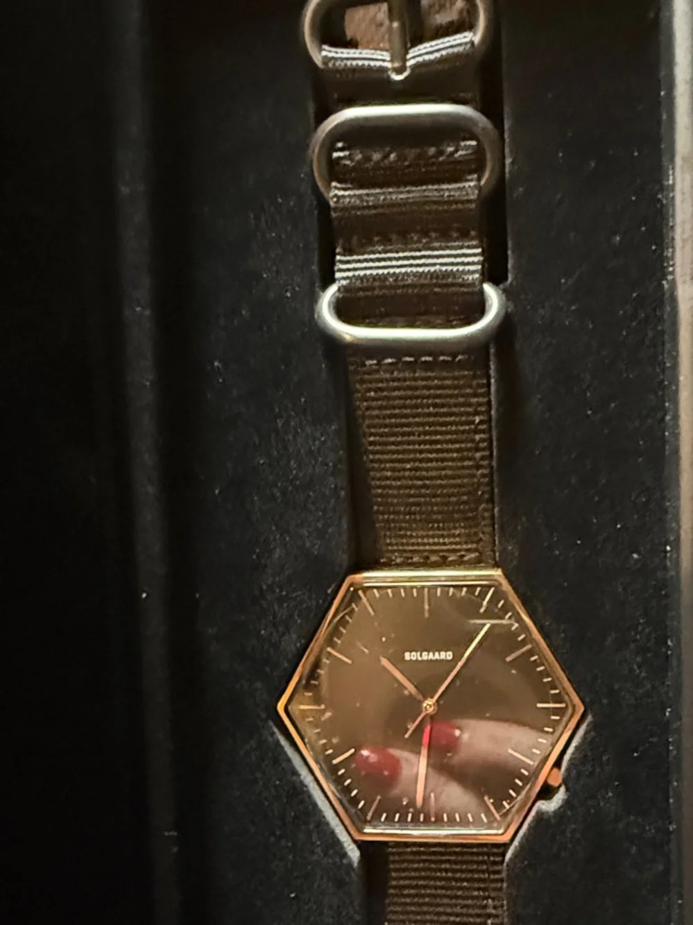 Solgaard Hexagonal Rose Gold Dial Watch with Black Nylon Strap.
